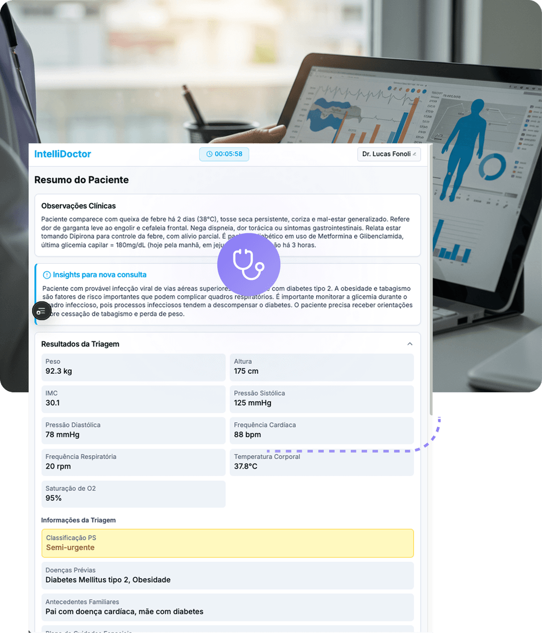 Interface médica mostrando dados do paciente, gráficos e informações clínicas em um laptop