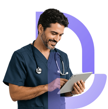 Brazilian physician using IntelliDoctor AI assistant on tablet